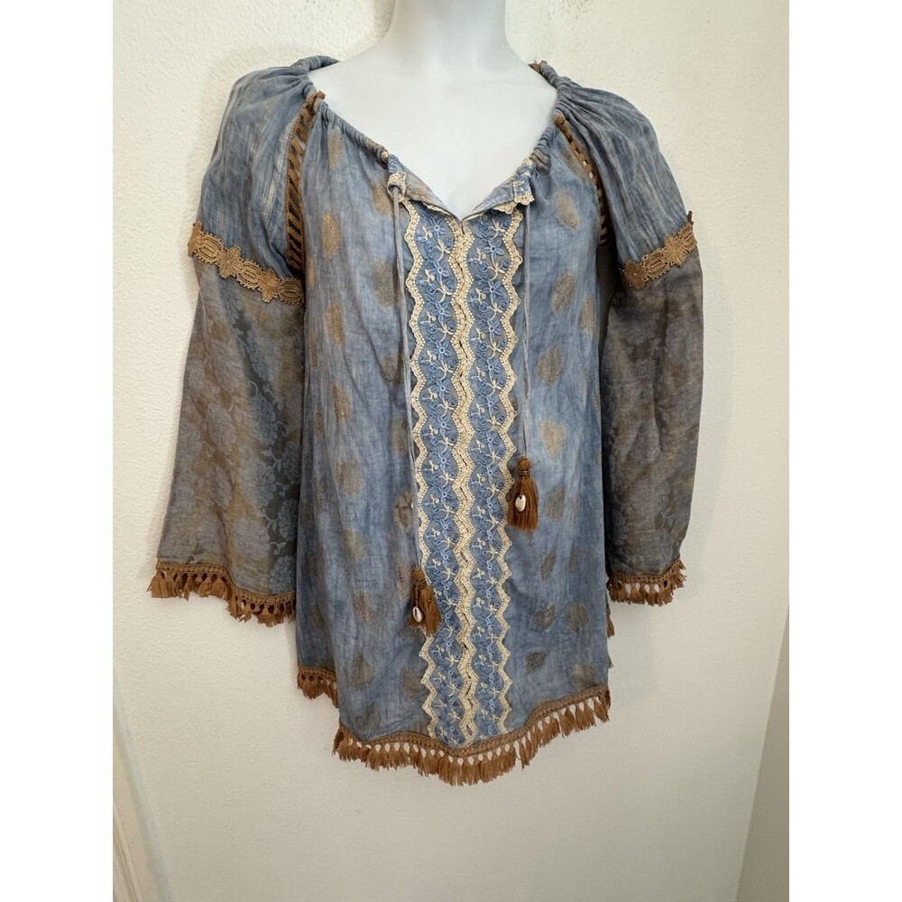 Chloe Laetitia L Bohemian Tunic Top Lace feminine Beachy Blue Gold Coverup EUC